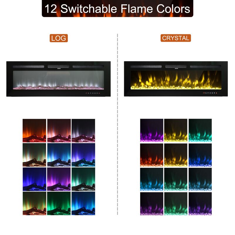 Black 72 in. Wall-Mounted Electric Fireplace with Logs & Crystals, Remote 1500/750W