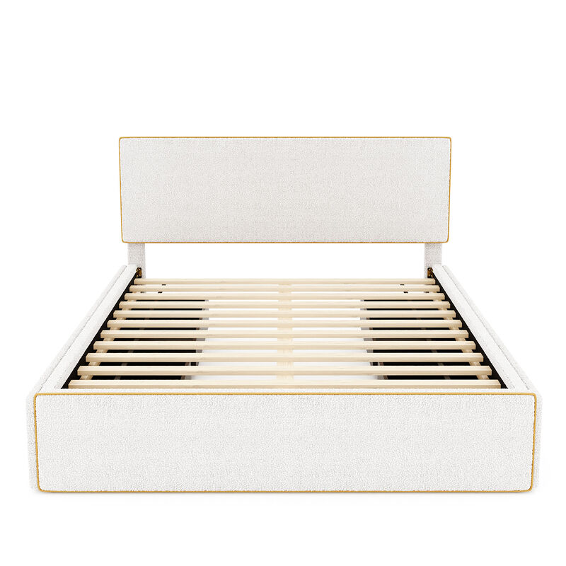 Streamdale White Upholstered Platform Bed with 4 Drawers and Golden Edge