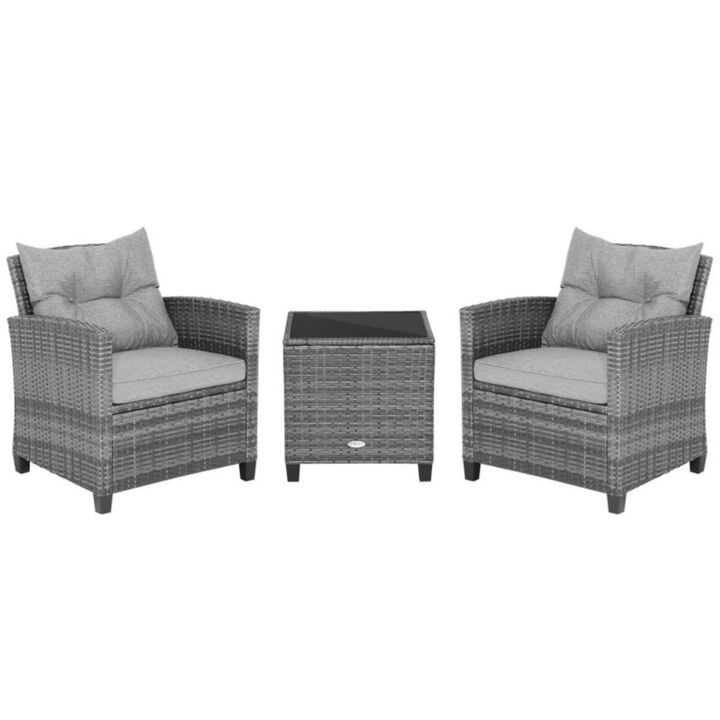 Hivvago 3 Pieces Outdoor Wicker Conversation Set with Tempered Glass Tabletop