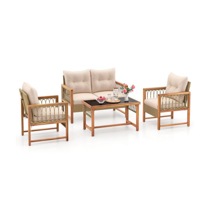 Hivvago 4 Pieces Outdoor Patio PE Wicker Conversation Bistro Set with Acacia Wood Frame