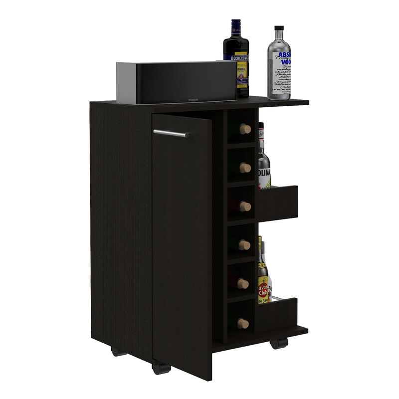 DEPOT E-SHOP Magda Bar Cart, Four Casters, Six Built-in Wine Rack, Single Door Cabinet, Two External Shelves, Black