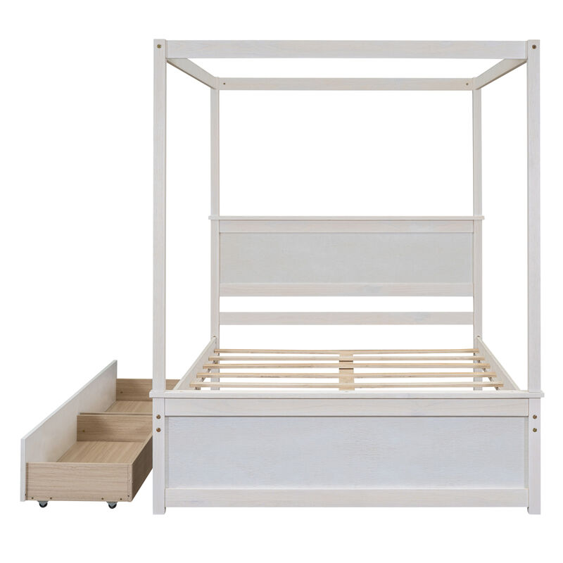 Full-size wood canopy bed with drawers, no box spring needed