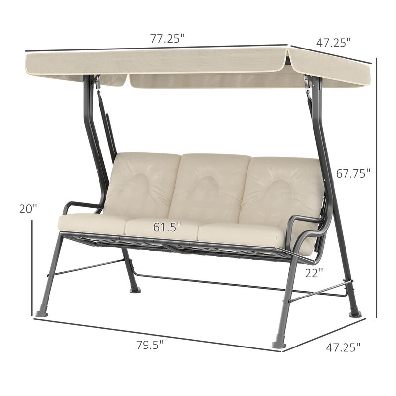 Cream White Porch Swing: 3-Seat Patio Chair with Adjustable Canopy