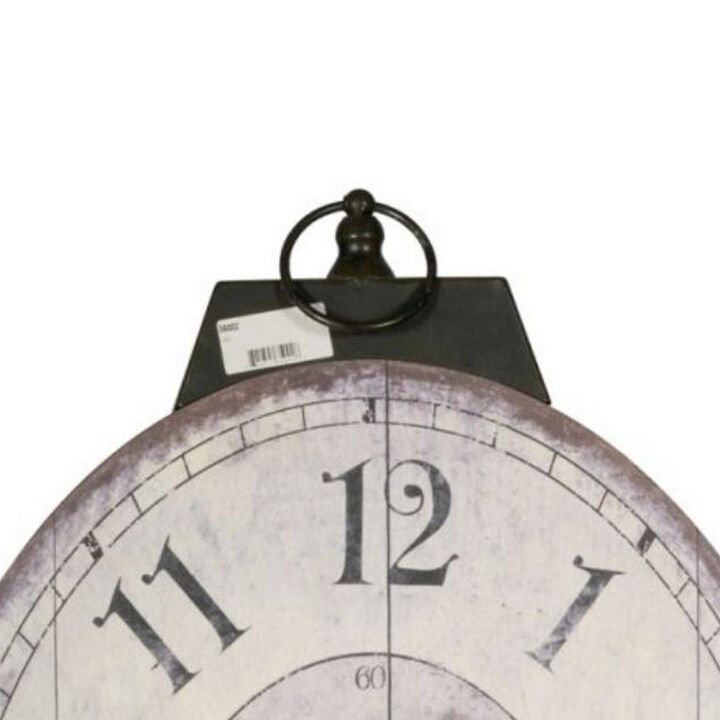 Distressed Oval Shape Wooden Wall Clock with Ring Hanger,  White and Black-Benzara