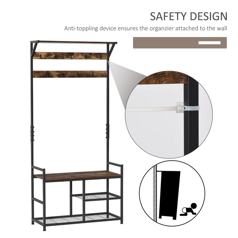 Brown/Black Organizer: Hallway Tree Bench with Hooks and Shelves