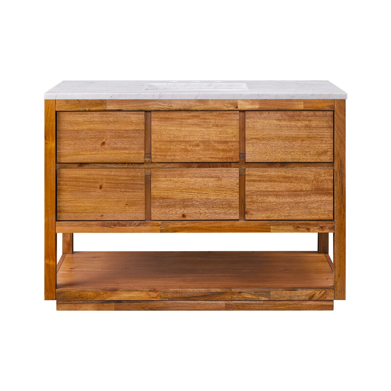 Oakman 48 In. Single Sink Carrara White Marble Countertop Bath Vanity in Mango Wood