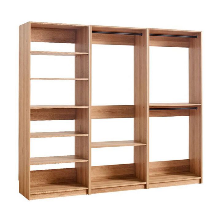 Dee Modular Closet System, 3 Clothing Racks, 6 Shelves in Oak Brown Wood - Benzara