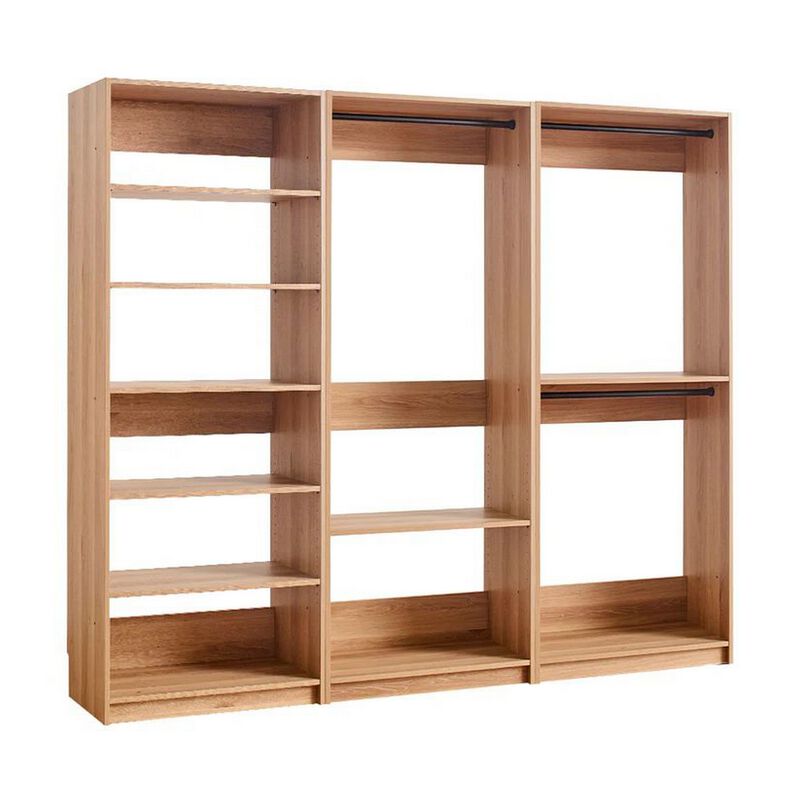 Dee Modular Closet System, 3 Clothing Racks, 6 Shelves in Oak Brown Wood - Benzara