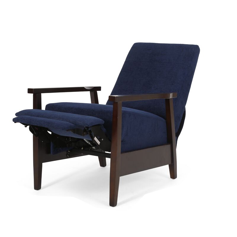 Yahya Manual Recliner Chair, Ergonomic Brown Rubberwood, Navy Blue Fabric - Benzara