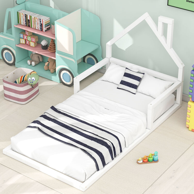Merax Wood Floor Bed with House-shaped Headboard