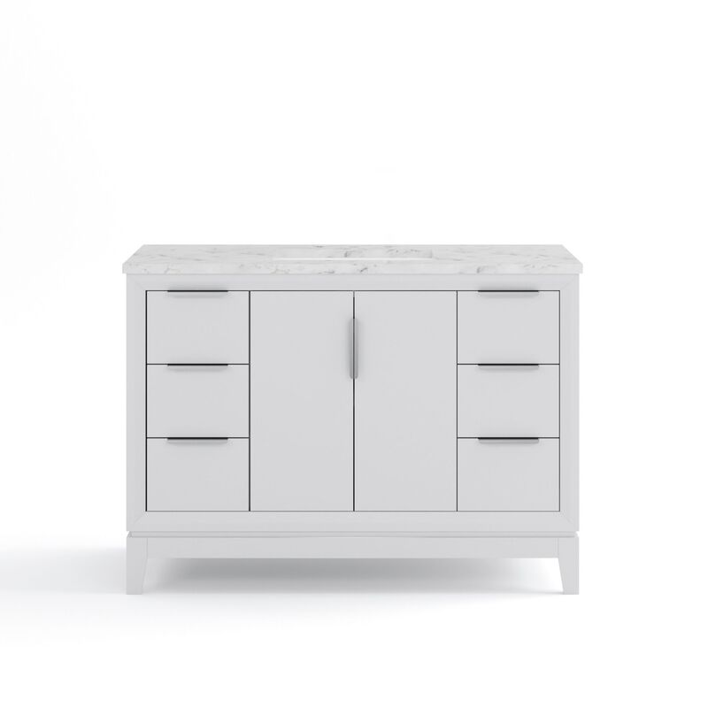 Elizabeth 48 In. Single Sink Carrara White Marble Countertop Bath Vanity In Pure White with Brushed Silver Hardware
