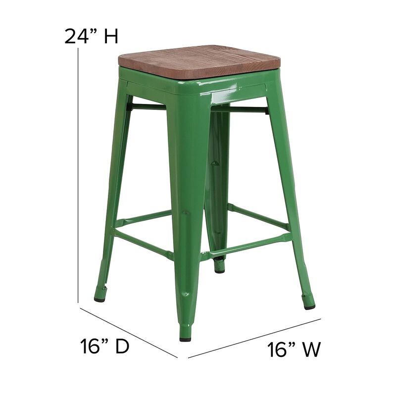 Flash Furniture Lily 24" High Backless Green Metal Counter Height Stool with Square Wood Seat