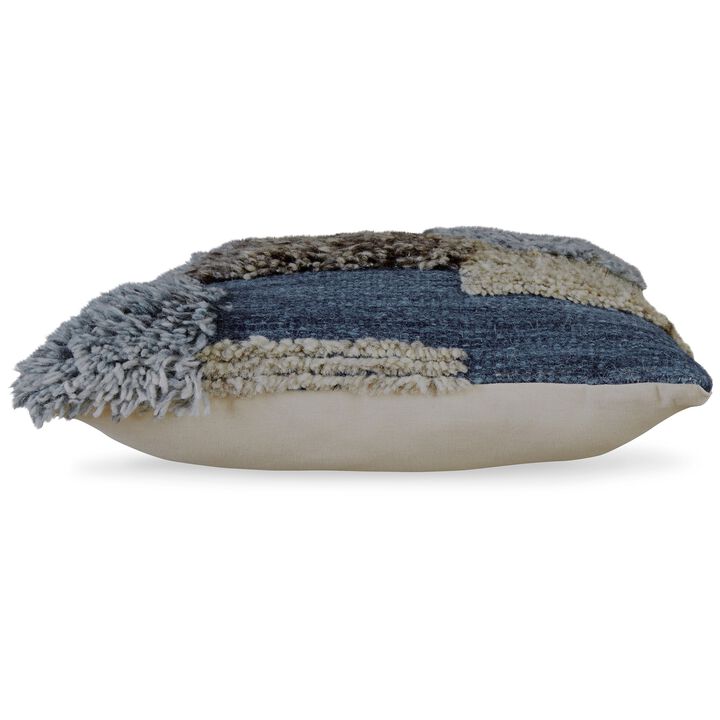 Square Accent Throw Pillow, 20 Inch Hand Knotted Patchwork, Gray Wool - Benzara