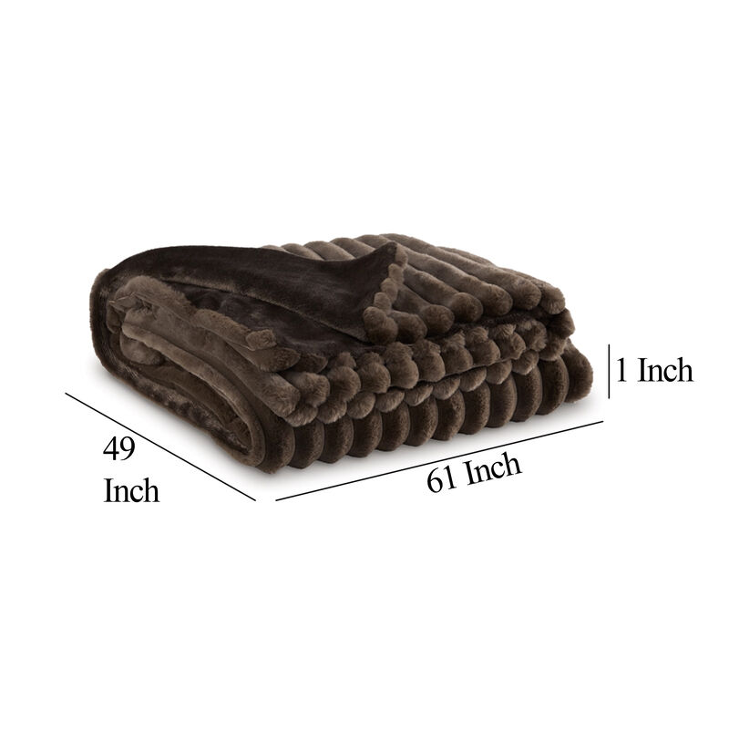 Faux Fur Throw Blanket, 61 Inch Plush Dark Brown Striped Polyester - Benzara
