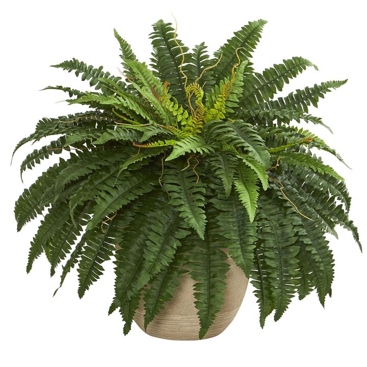 Hivvago 22" Boston Fern Artificial Plant in Sandstone Planter