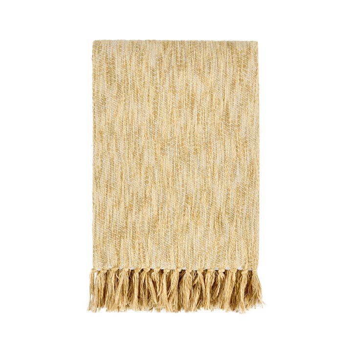 Avu Throw Blanket, 50x70 Yellow Cotton and Polyester, Knotted Tassels - Benzara Avu Throw Blanket, 50x70 Yellow Cotton and Polyester, Knotted Tassels - Benzara
