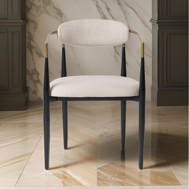 Cid Hita 23 Inch Dining Chair, Light Gray Polyester, Black Iron Legs, Gold - Benzara