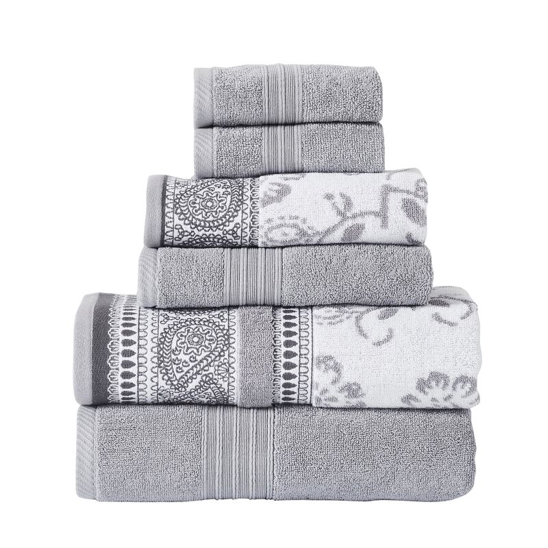 Veria 6 Piece Towel Set with Paisley and Floral Motif Pattern The Urban Port, Gray - Benzara