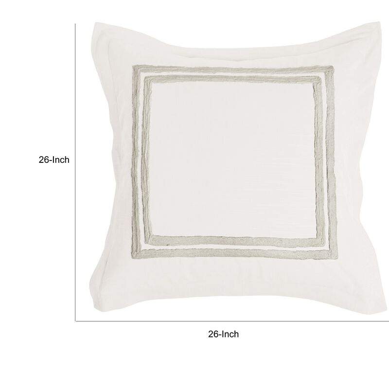 Lenz 26 Inch Cotton Euro Pillow Sham with Hand Stitched Embroidery, Ivory-Benzara