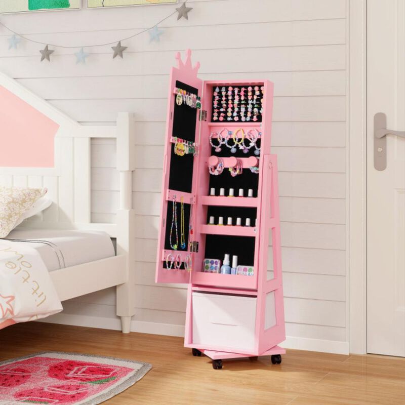 Hivvago Kids Jewelry Armoire Cabinet with Swivel Base and Lockable Universal Wheels