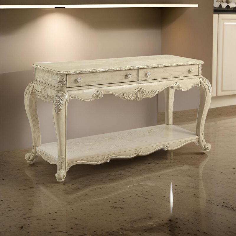 Vintage Style Wooden Sofa Table with Two Drawers and One Open Shelf, White-Benzara