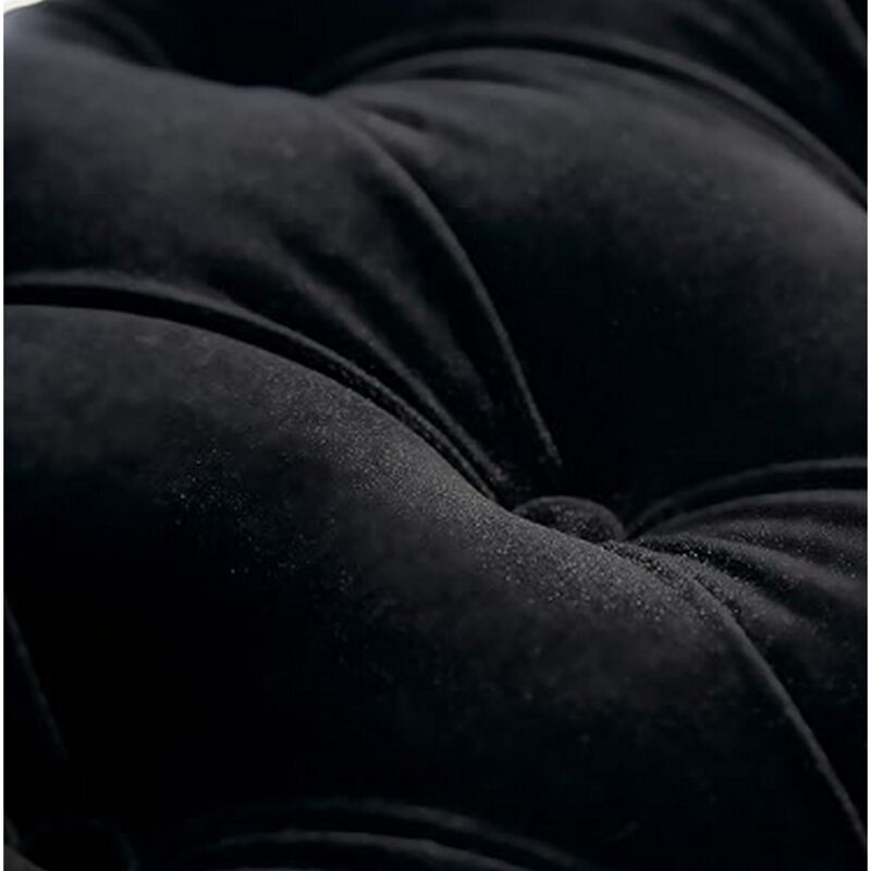 Kopa Bench Footstool, Tufted Black, Brown Wood, Curved Legs, 46 Inch - Benzara