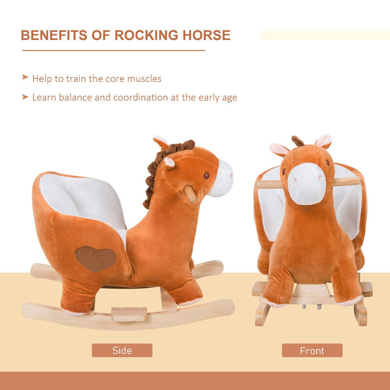 Brown/White Musical Mount: Wooden Plush Rocking Horse for Toddlers