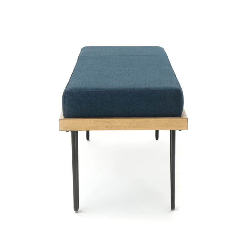 Sinu Accent Bench, Navy Blue, Brown Wood, Black Hairpin Legs, 47 Inch -Benzara