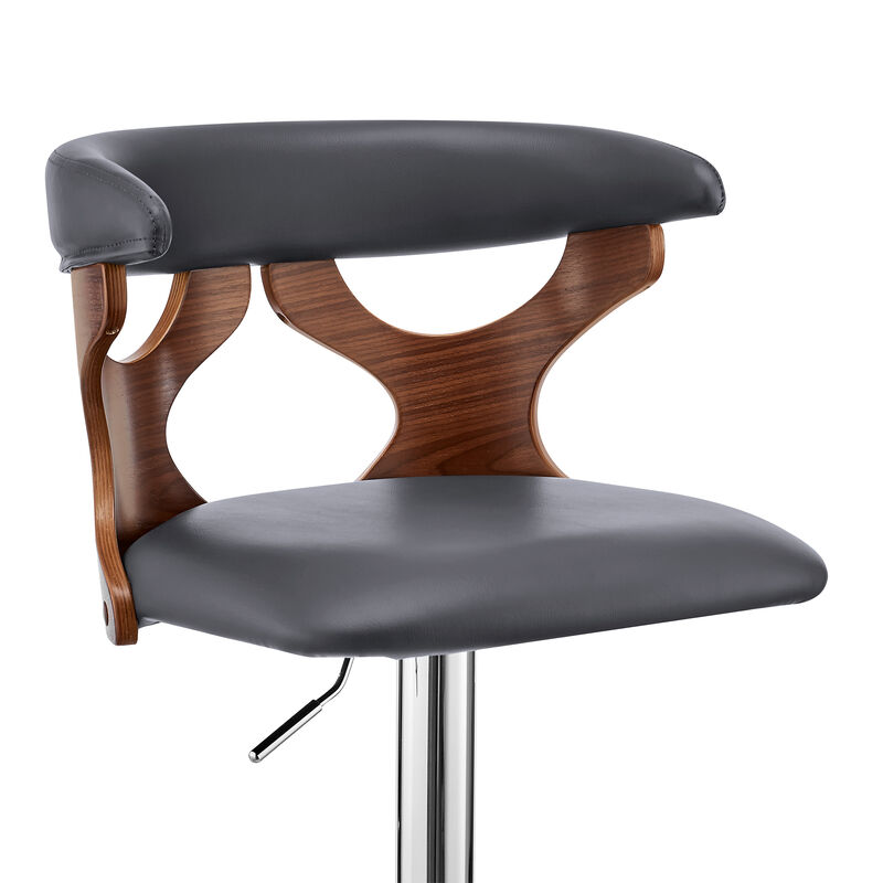 Ruth Adjustable Swivel Grey Faux Leather and Walnut Wood Stool with Chrome Base