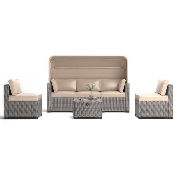 Mondawe 6 Pieces Patio Furniture Sets, Outdoor Rattan Daybed with Retractable Canopy, Outdoor Sectional Sofa Set with Adjustable Backrest, Chaise Chair Sunbed for Garden Poolside Backyard