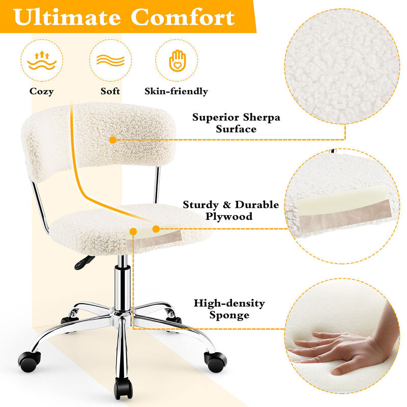 Costway Computer Desk Chair Adjustable Faux Fur Office Chair Swivel Vanity Chair White