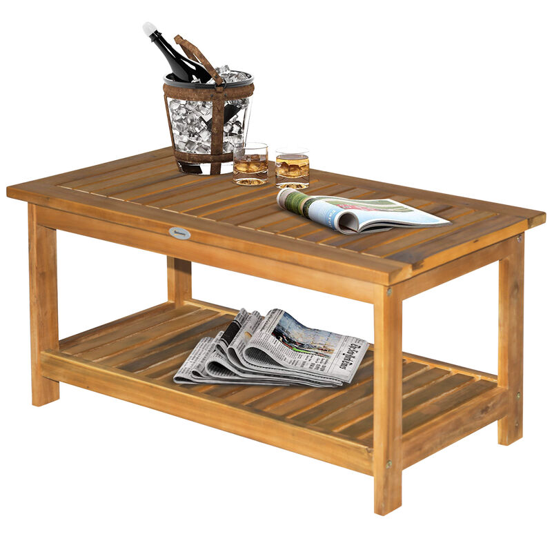Backyard & Deck Wooden Tea Table w/ Simply Elegant Design & Two Storage Surfaces