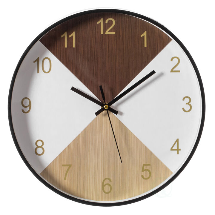 Decorative Modern Round Wood- Looking Plastic Wall Clock for Living Room, Kitchen, or Dining Room, Brown