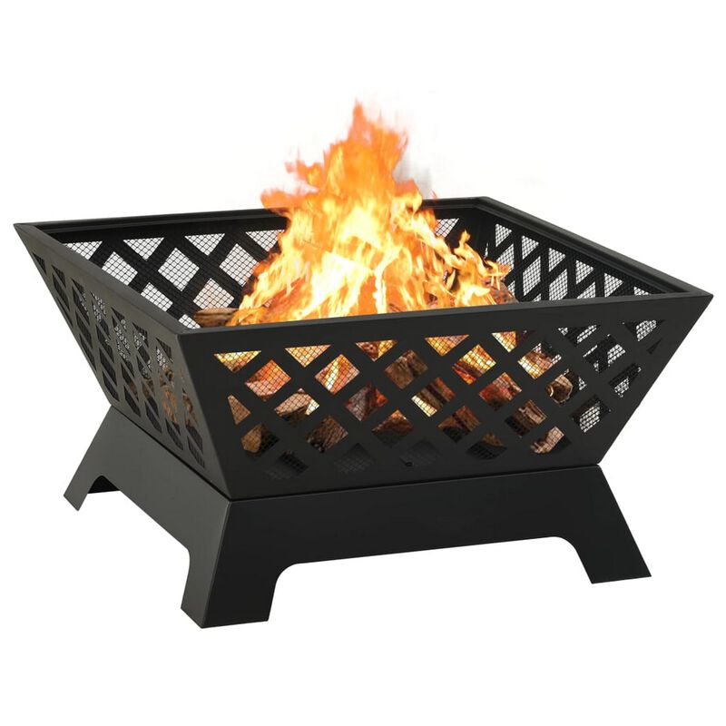 Outdoor Fire Pit with Poker n Mesh Cover, 25 Inch Square, Black Steel - Benzara