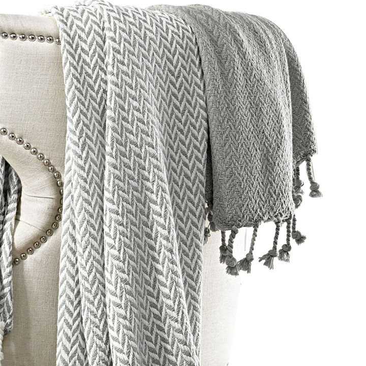 Calabria Herringbone Cotton Throw The Urban Port, Set of 2, Gray and White - Benzara