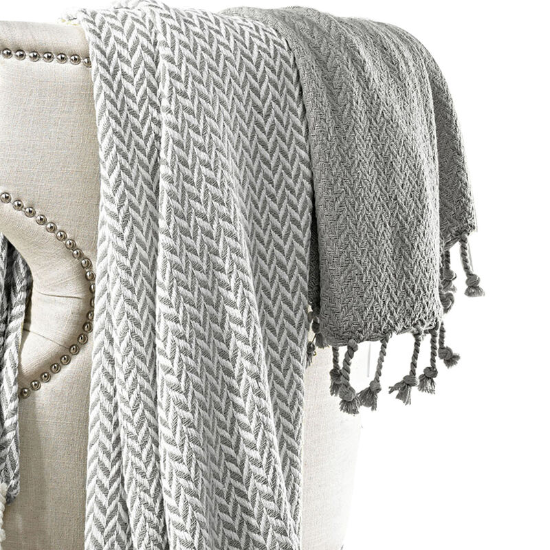 Calabria Herringbone Cotton Throw The Urban Port, Set of 2, Gray and White - Benzara