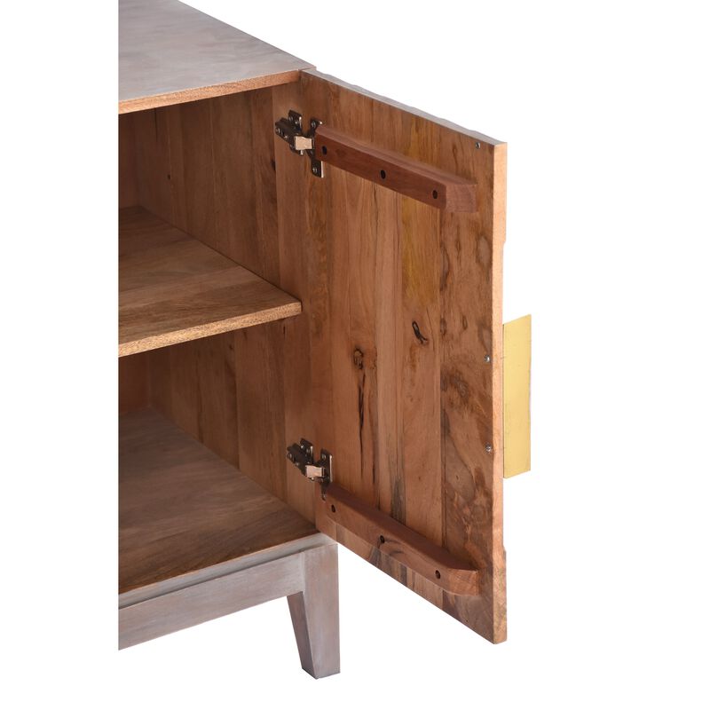 Abiel 55 Inch Mango Wood Sideboard Buffet Cabinet Console, 4 Doors, Inner Shelf, Ornate Diamond Carving, Gray-Benzara