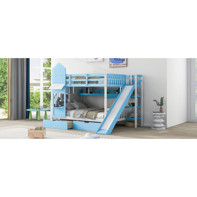 Full Over Full Castle Style Bunk Bed With 2 Drawers 3 Shelves And Slide