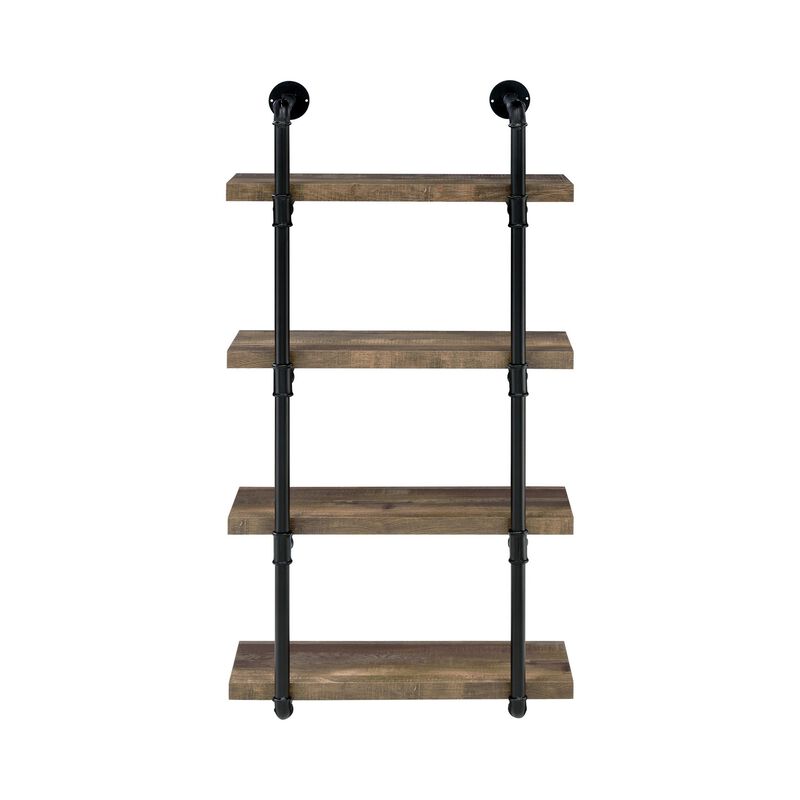 Wall Shelf with 4 Shelves and Piped Metal Frame, Brown and Black-Benzara