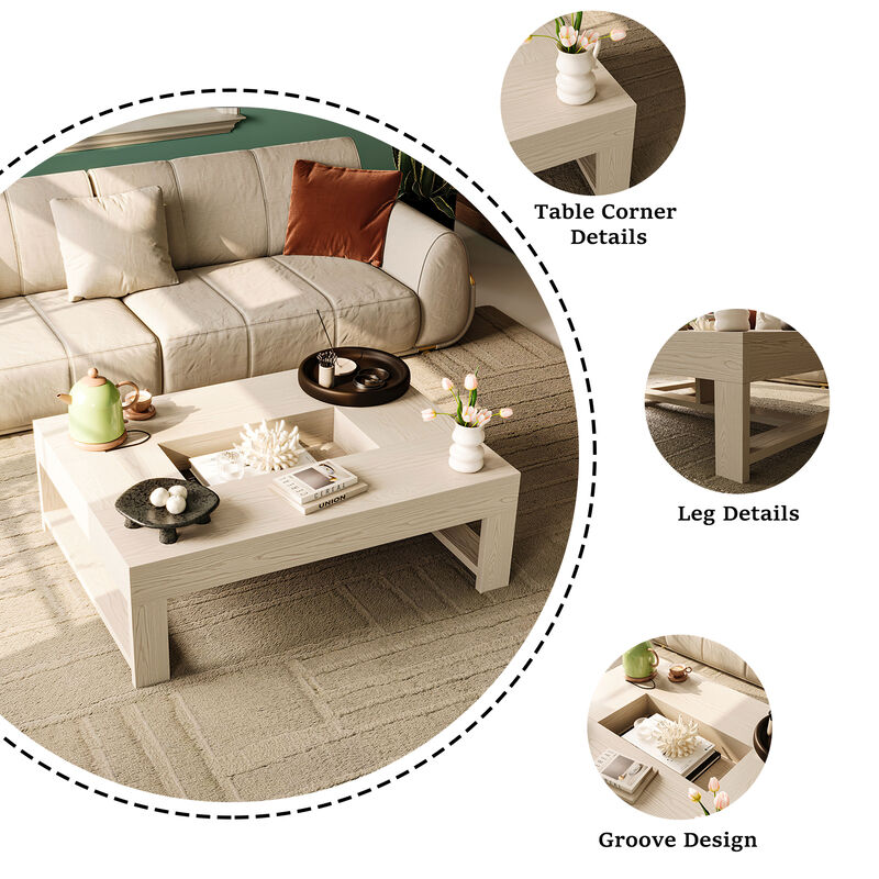 FUFU&GAGA Modern White Wood Coffee Table – Solid Wood, Spacious Tabletop with Built-in Storage, Sturdy Frame (47.2" W x 35.4" D x 15.8" H), White