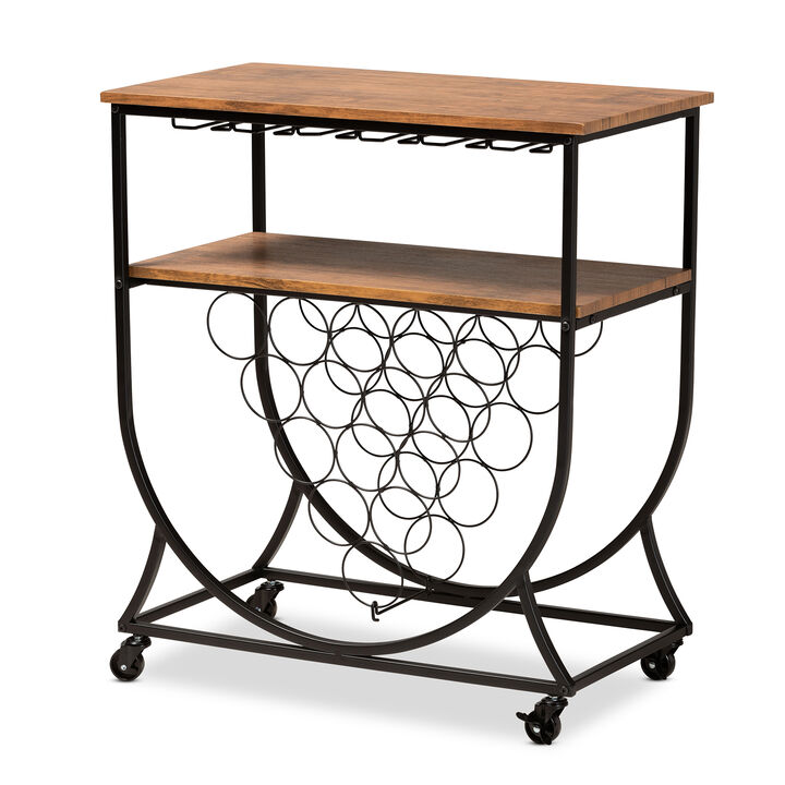 Baxton Studio Dania Industrial Black Metal and Walnut Finished Wood Mobile Wine Bar Cart