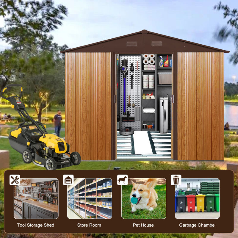10FT X 8FT Outdoor Metal Storage Shed With Metal Floor Base, Coffee