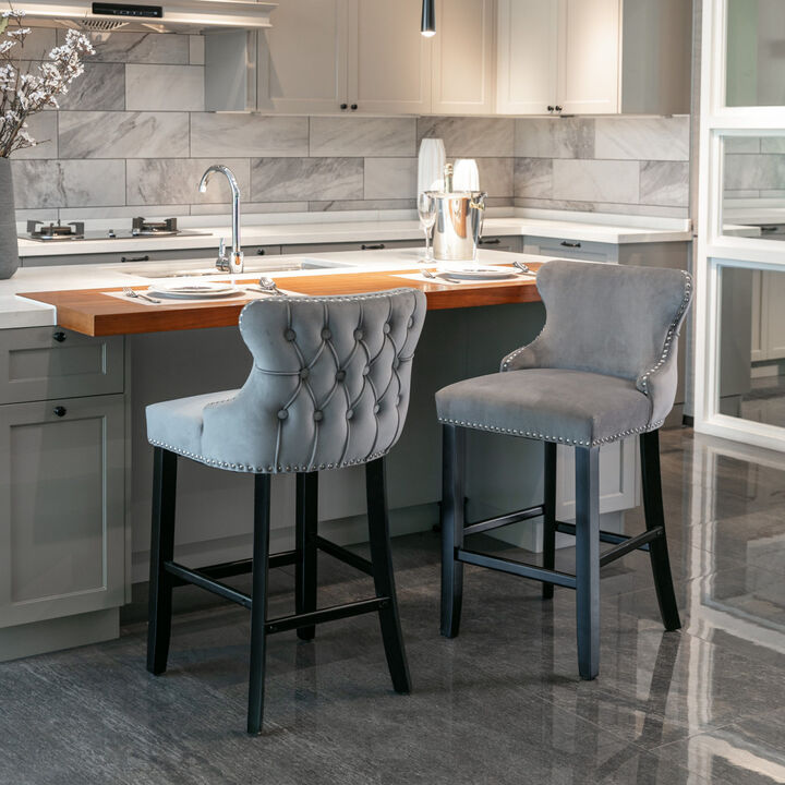 Gray Velvet Wingback Bar Stools, Set of 2