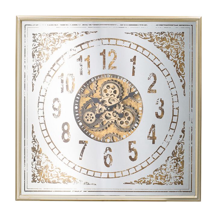 32 Inch Wall Clock, Decorative Gear Design, Square, Iron, White and Brown - Benzara