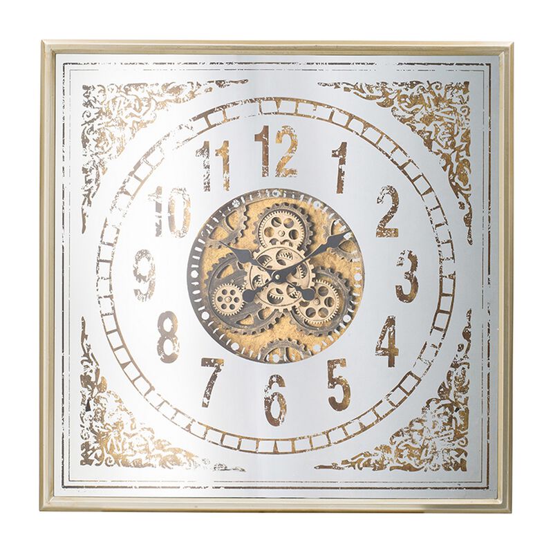 32 Inch Wall Clock, Decorative Gear Design, Square, Iron, White and Brown - Benzara