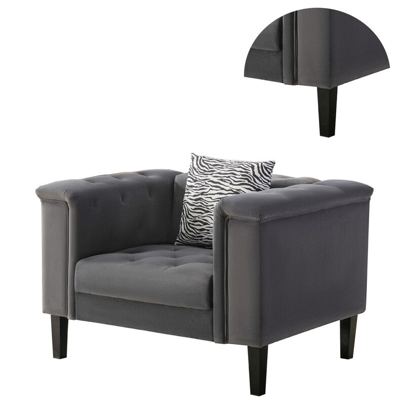 Aki 44 Inch Accent Chair with Pillow, Deep Button Tufted, Gray Velvet-Benzara