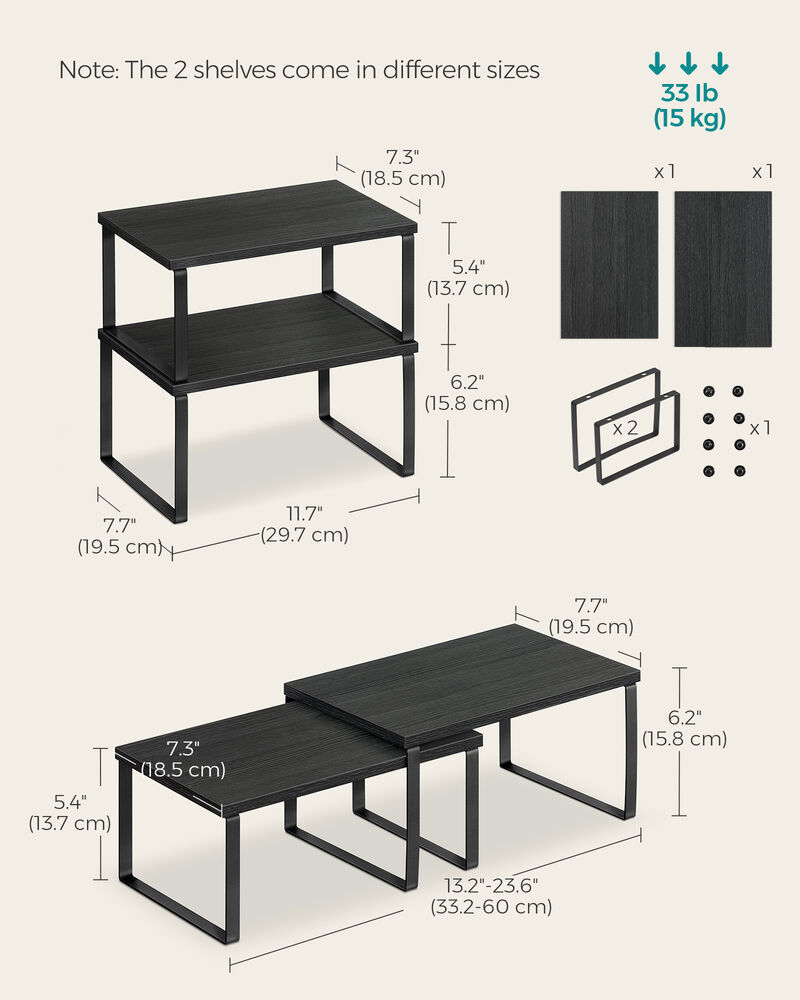 Expandable and Stackable Cabinet Shelf Organizer – Metal and Bamboo Kitchen Counter Shelves, Set of 2