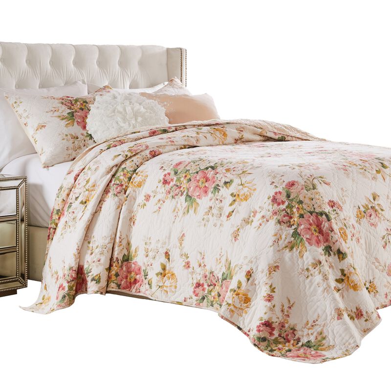 Givi 3pc King Quilt Set, Shams, Red and Floral Beige Buttercup Cotton