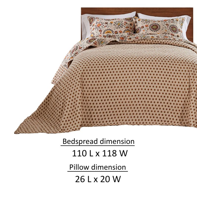Dorra 3pc Queen Bedspread Set, 2 Shams, Floral Crest, Beige Yellow Cotton