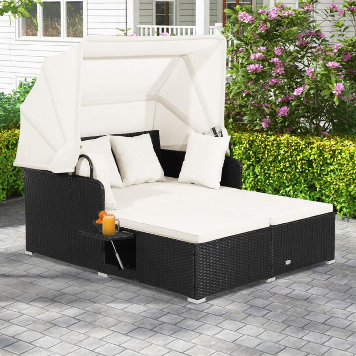 Hivvago Patio Rattan Daybed with Retractable Canopy and Side Tables